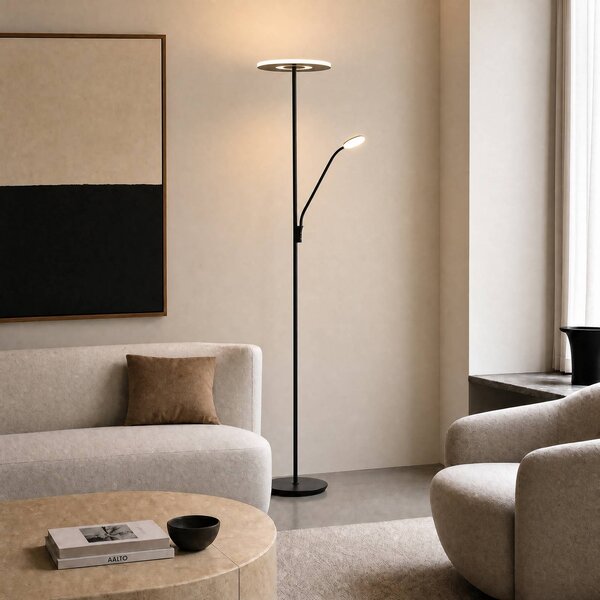 Lucande Lampada da terra con luce lettura Raymond, dimmerabile, Nero, Soggiorno / Sala da pranzo, Metallo, Moderno, Lampada LED da terra