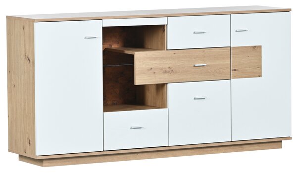 Credenza moderna con Ampio Spazio portaoggetti, Illuminazione a LED, 2 Ante, 4 Cassetti, Ripiano in Vetro, color Legno