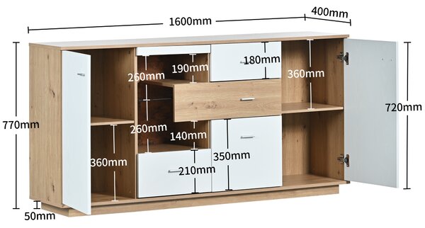 Credenza moderna con Ampio Spazio portaoggetti, Illuminazione a LED, 2 Ante, 4 Cassetti, Ripiano in Vetro, color Legno