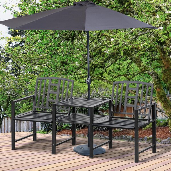 Outsunny Panchina da Giardino Moderna 2 Posti con Tavolino e Foro per Ombrellone Arredamento da Esterno 165x56x85.5cm Nero|Aosom