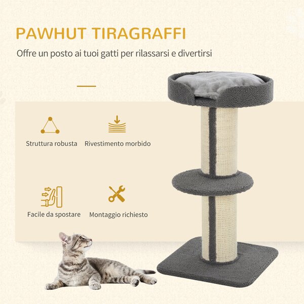 PawHut Tiragraffo gatto multi-attività albero per gatti 81cm con cuscino colonna in sisal Agnello cashmere grigio|Aosom