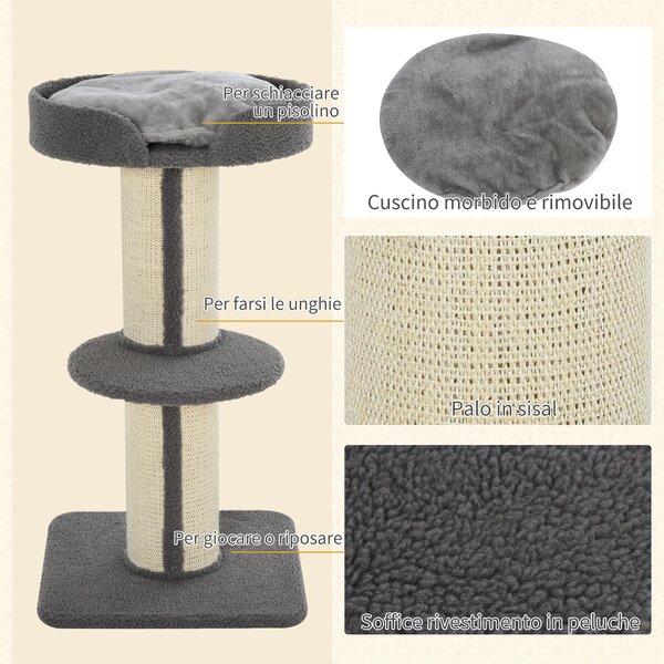 PawHut Tiragraffo gatto multi-attività albero per gatti 81cm con cuscino colonna in sisal Agnello cashmere grigio|Aosom