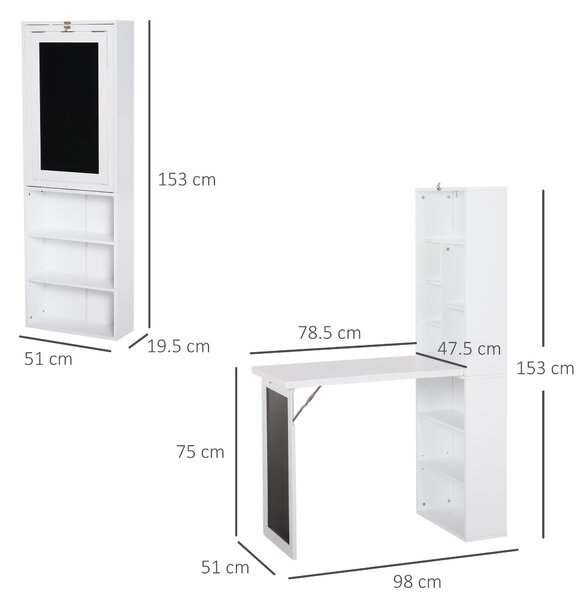 HOMCOM Scrivania Pieghevole con Libreria e Lavagna per Camera e Ufficio, Tavolo da Pranzo a Scomparsa Salvaspazio, Bianco, 98x51x153 cm|Aosom