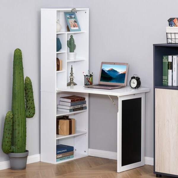 HOMCOM Scrivania Pieghevole con Libreria e Lavagna per Camera e Ufficio, Tavolo da Pranzo a Scomparsa Salvaspazio, Bianco, 98x51x153 cm|Aosom