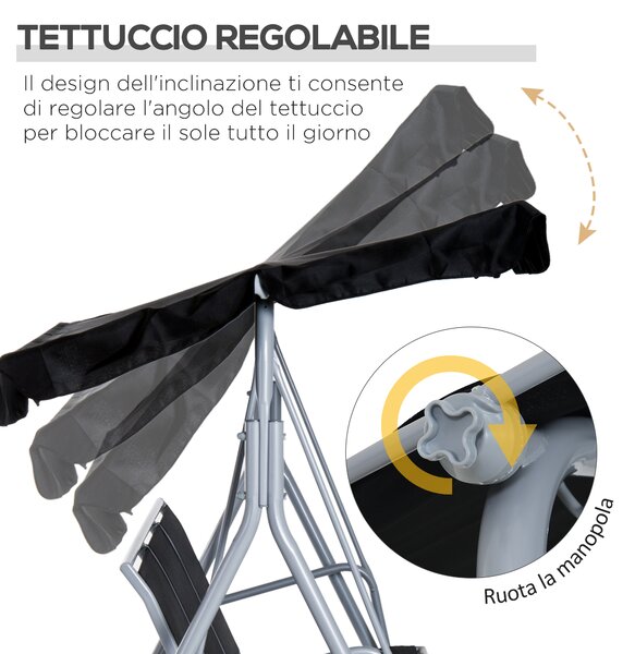 Outsunny Dondolo da Esterno 3 Posti con Tetto Parasole Rimovibile e Lavabile, Dondolo Giardino in Metallo, 171x108x154cm, Nero e Argento | Aosom Italy