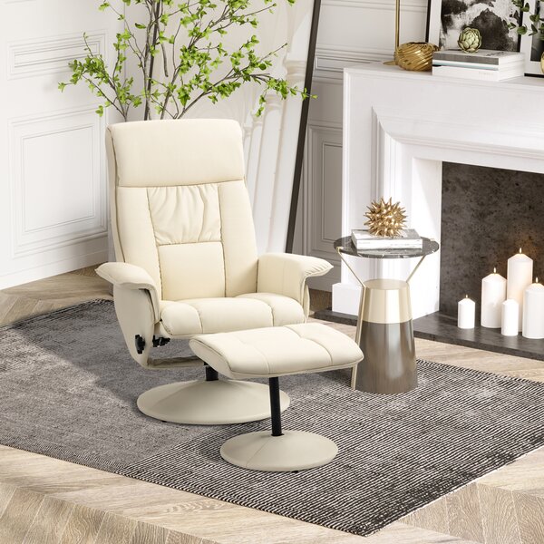 HOMCOM Poltrona Relax Reclinabile fino 135° con Seduta Girevole e Pouf, Poltrona con Poggiapiedi, 80x69x110cm, Crema|Aosom