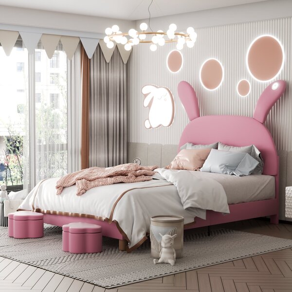 Letto con Contenitore in Tessuto Effetto Velluto, Testata Imbottita Regolabile e Illuminazione LED, 140x203.5x145-151.5 cm, Rosa|Aosom