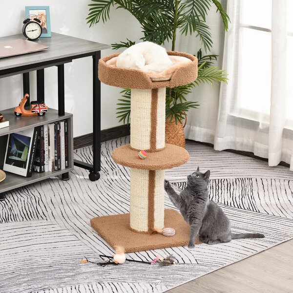 PawHut Tiragraffi ad Albero per Gatti con Cuccia, Cuscino e Morbido Rivestimento Marrone, Pali in Corda Sisal, Altezza 91cm|Aosom