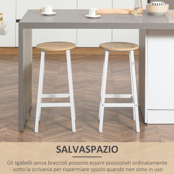 HOMCOM Set 2 Sgabelli da Cucina in Truciolato e Acciaio con Piano Liscio e Poggiapiedi, 32.5x32.5x65 cm, Bianco e Legno|Aosom