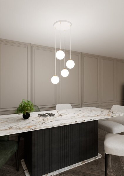 Lampadario a sospensione Royal 4, Bianco con sfere Satinate - E14 Colore del corpo Bianco