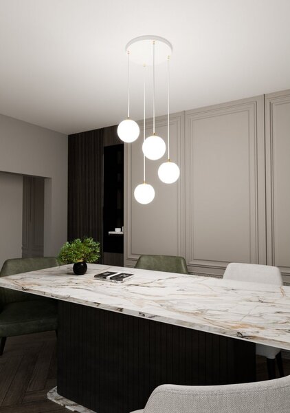 Lampadario a sospensione Royal 4, Bianco con sfere Satinate - E14 Colore del corpo Bianco