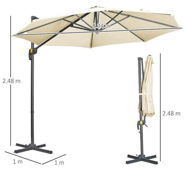 Outsunny Ombrellone da Giardino Decentrato con Angolazione Regolabile e Girevole a 360°, Ø294x248cm Bianco Crema|Aosom