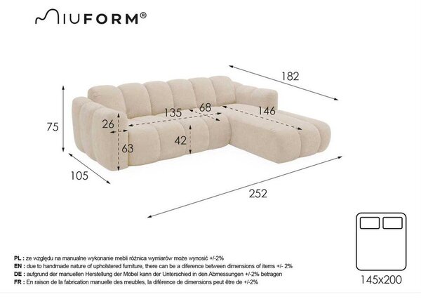 Divano angolare beige allungabile (con penisola a destra) con rivestimento in ciniglia Michell – Miuform