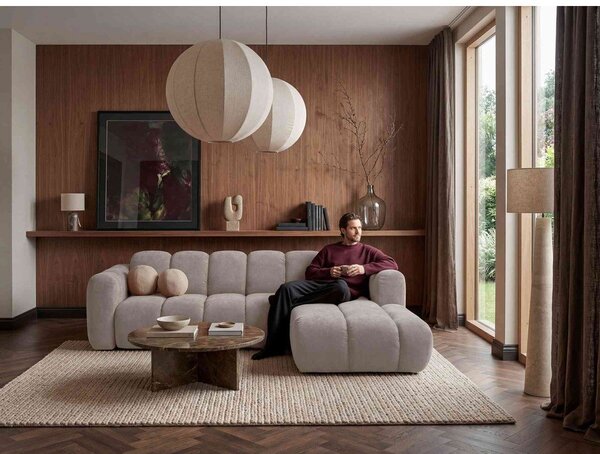 Divano angolare beige allungabile (con penisola a destra) con rivestimento in ciniglia Michell – Miuform