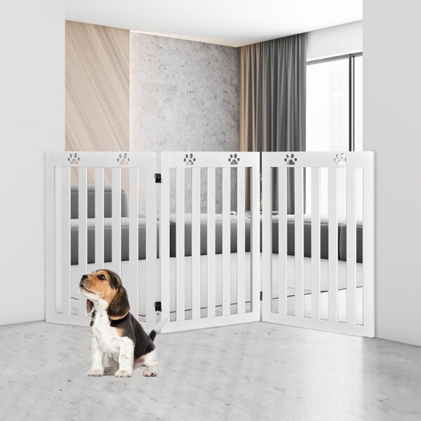 Costway Cancello di legno per animali con cerniere a 360° e 3 pannelli, Cancello pieghevole per casa scale Bianco