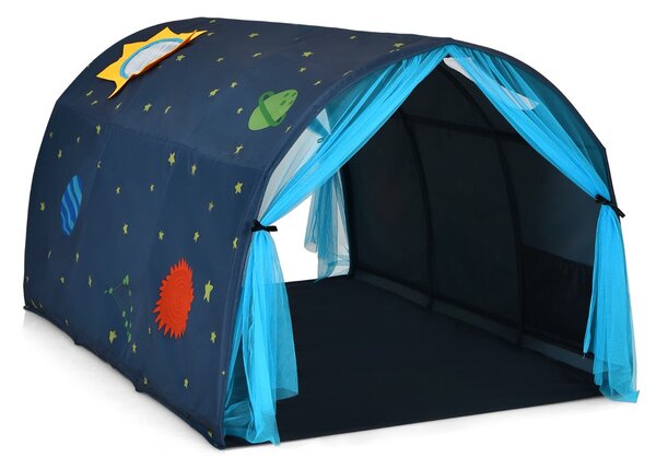 Costway Tenda da gioco per letto dei bambini con borsa di trasporto, Casetta portatile con doppia tenda a rete Blu