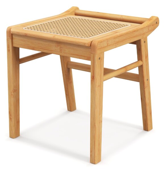 Costway Sgabello vanity in bambù con seduta in rattan piedini antiscivolo traversa, Sgabello per trucco Naturale