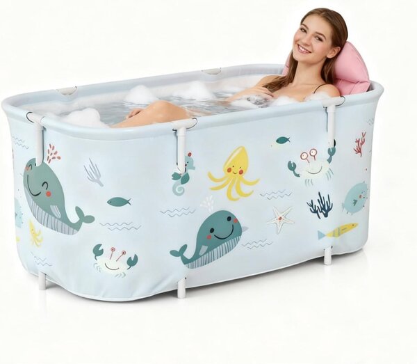 Elzusha - Vasca da bagno pieghevole per adulti, dimensioni 140x50x55 cm, con cuscino e schienale - Design a tema "Mondo Marino"