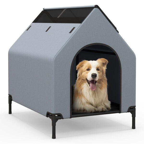 Costway Casa elevata per cani con finestre ventilate copertura rimovibile, Cuccia per cani con letto a rete Grigio 64x91x86cm