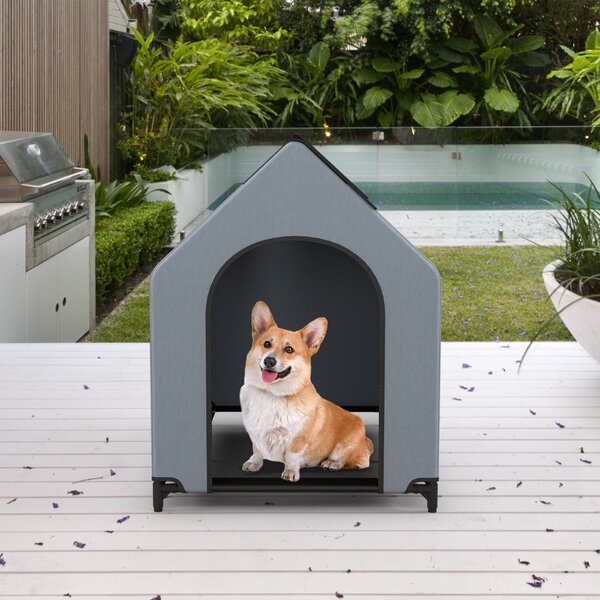Costway Casa elevata per cani con finestre ventilate copertura rimovibile, Cuccia per cani con letto a rete Grigio 64x91x86cm