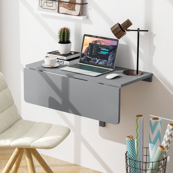 Costway Scrivania galleggiante per piccoli spazi cucina camera da letto lavanderia, Tavolo pieghevole a parete Grigio