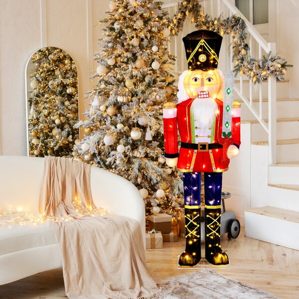 Costway 157 cm soldato schiaccianoci luminoso per decorazione esterna, Decorazione natalizia 3D pre-illuminata con spada glitterata