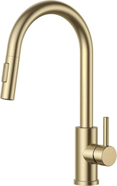Miscelatore da cucina con doccetta estraibile, design ad arco alto, girevole a 360°, finitura oro spazzolato