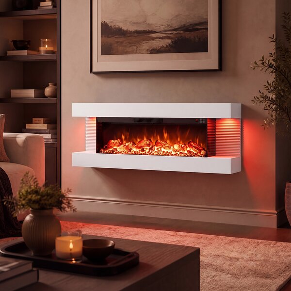 Costway Camino elettrico da parete/terra su 3 lati con 12 colori di fiamma, Caminetto decorativo da parete con luci led e timer 1-8h telecomando app e wi-fi