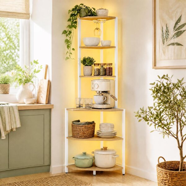 Costway Scaffale angolare a 6 ripiani 165 cm illuminazione a led regolabile, Mobile multiuso per cucina soggiorno e camera da letto Naturale