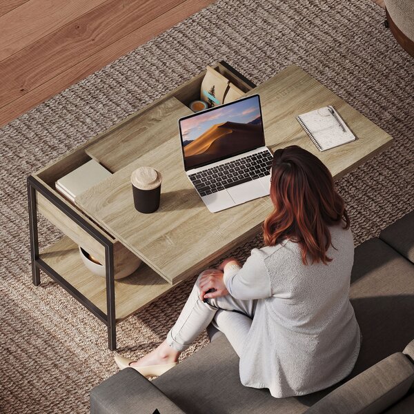 HOMCOM Tavolino Sollevabile e Allungabile con Scomparto e Ripiani, 98x49x55 cm, Legno Naturale | Aosom Italy