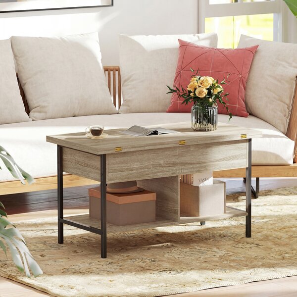 HOMCOM Tavolino Sollevabile e Allungabile con Scomparto e Ripiani, 98x49x55 cm, Legno Naturale | Aosom Italy