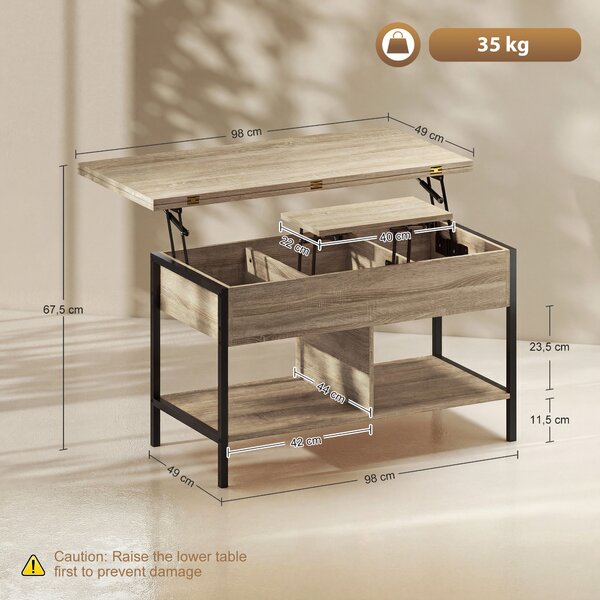 HOMCOM Tavolino Sollevabile e Allungabile con Scomparto e Ripiani, 98x49x55 cm, Legno Naturale | Aosom Italy