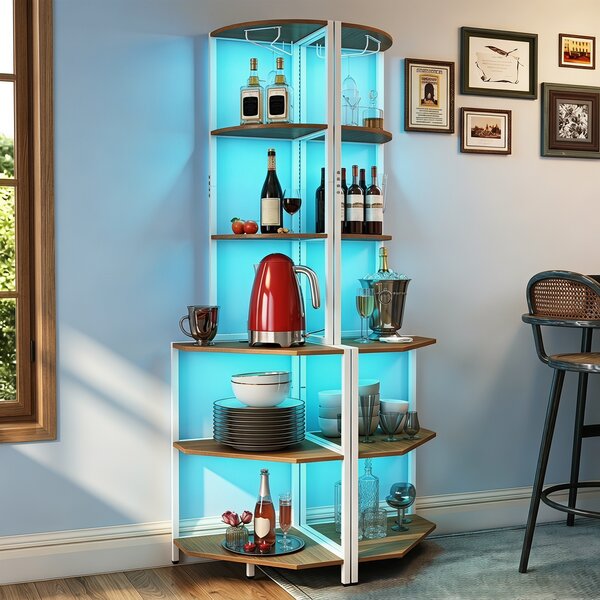 Costway Scaffale angolare a 6 ripiani 165 cm illuminazione a led regolabile, Mobile multiuso per cucina soggiorno e camera da letto Naturale