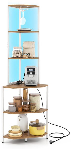 Costway Scaffale angolare a 6 ripiani 165 cm illuminazione a led regolabile, Mobile multiuso per cucina soggiorno e camera da letto Naturale