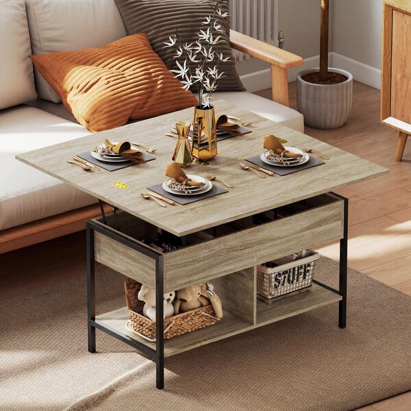 HOMCOM Tavolino Sollevabile e Allungabile con Scomparto e Ripiani, 98x49x55 cm, Legno Naturale | Aosom Italy