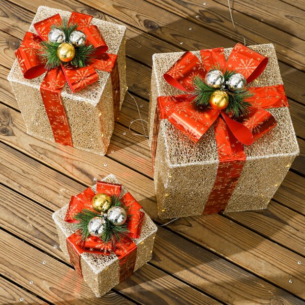 Outsunny Set Decorazioni di Natale con 3 Scatole Regalo con 58 LED Bianco Caldo, Dorato | Aosom Italy