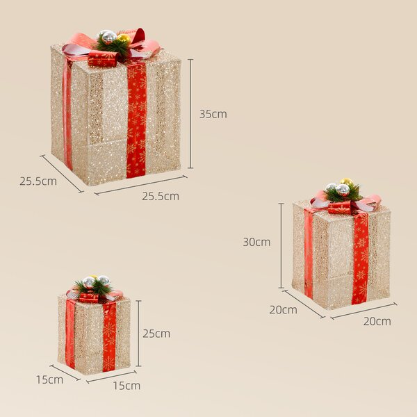 Outsunny Set Decorazioni di Natale con 3 Scatole Regalo con 58 LED Bianco Caldo, Dorato | Aosom Italy