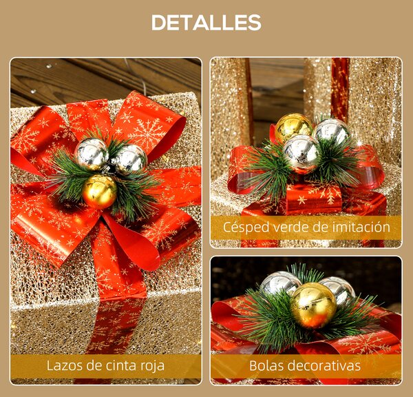 Outsunny Set Decorazioni di Natale con 3 Scatole Regalo con 58 LED Bianco Caldo, Dorato | Aosom Italy