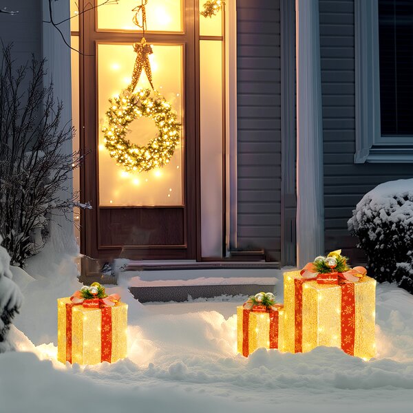 Outsunny Set Decorazioni di Natale con 3 Scatole Regalo con 58 LED Bianco Caldo, Dorato | Aosom Italy