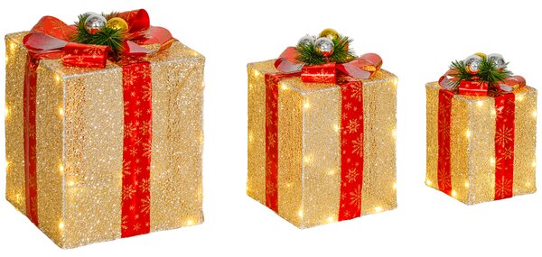 Outsunny Set Decorazioni di Natale con 3 Scatole Regalo con 58 LED Bianco Caldo, Dorato | Aosom Italy