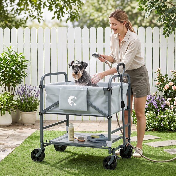 Costway Vasca bagno per cani portatile per animali piccoli e medi, Piscina cani rialzata con foro di drenaggio e piano cura rimovibile con maniglia e tasche