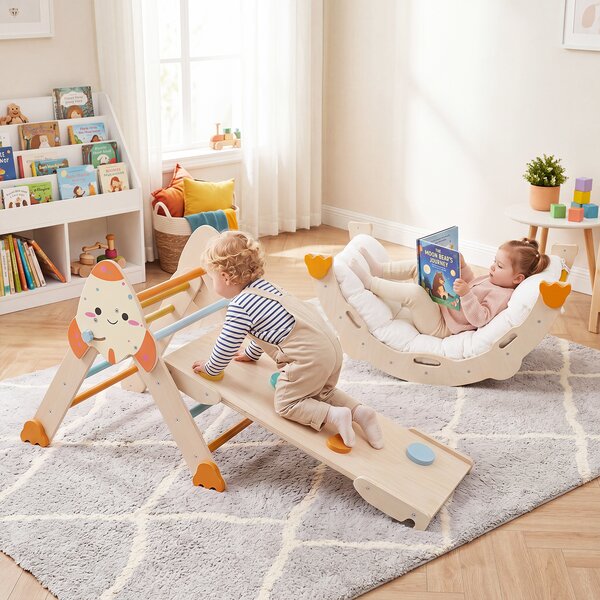 Costway Set da arrampicata per bambini 8 in 1 con cuscino per bambini 1+ anni, Giocattoli montessori da arrampicata in legno Macaron