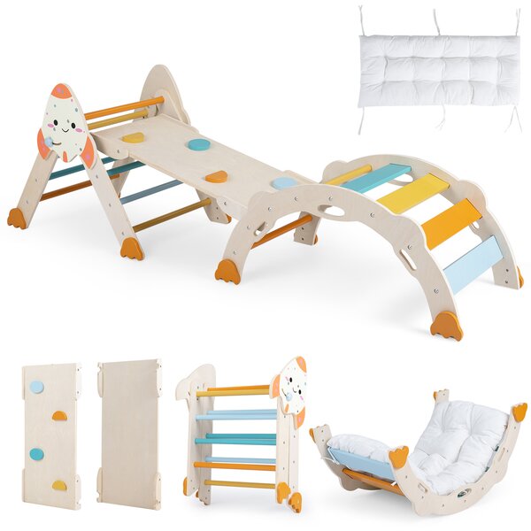 Costway Set da arrampicata per bambini 8 in 1 con cuscino per bambini 1+ anni, Giocattoli montessori da arrampicata in legno Macaron