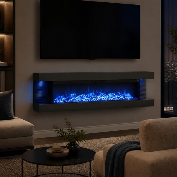 Costway Camino elettrico da parete/terra su 3 lati con 12 colori di fiamma, Caminetto decorativo da parete con luci led e timer 1-8h 152,5 x 20,5 x 42 cm