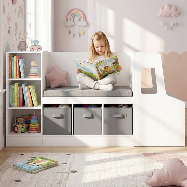 Costway Libreria montessoriana per bambini a forma di auto con panca, Scaffale portagiochi in legno con 6 scomparti per cameretta e stanza dei giochi
