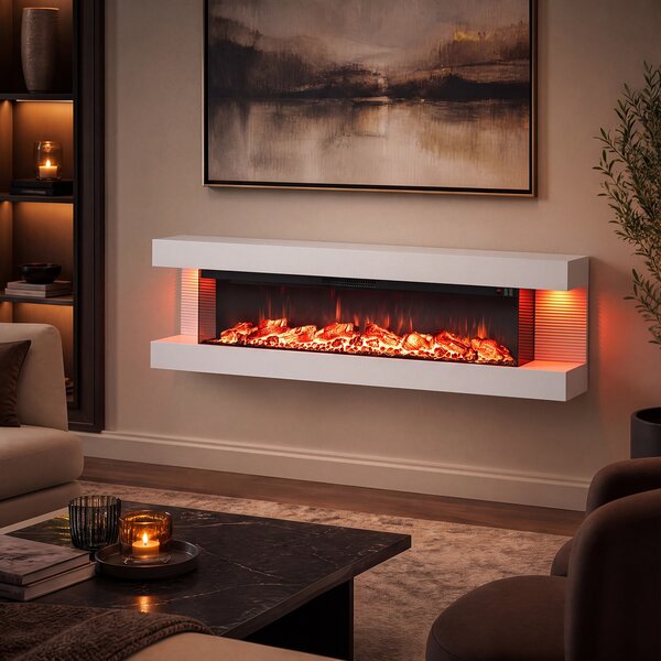 Costway Camino elettrico da parete/terra su 3 lati con 12 colori di fiamma, Caminetto decorativo da parete con luci led e timer 1-8h 152,5 x 20,5 x 42 cm Bianco