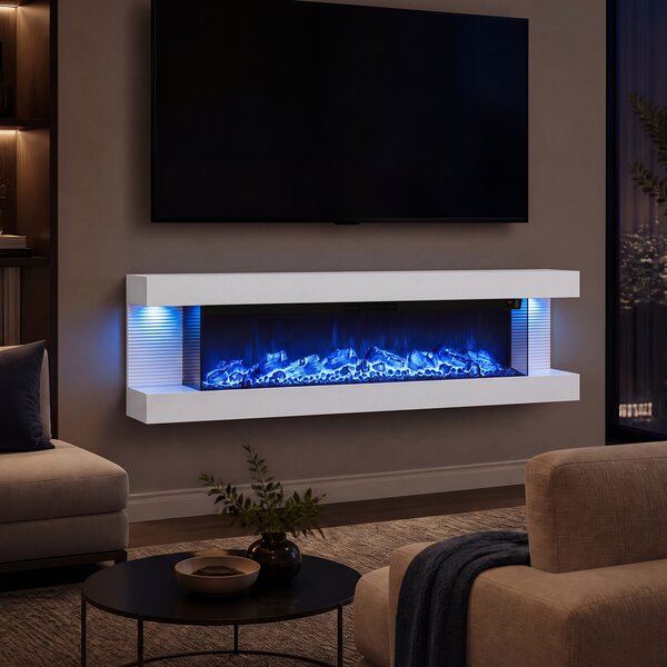Costway Camino elettrico da parete/terra su 3 lati con 12 colori di fiamma, Caminetto decorativo da parete con luci led e timer 1-8h 152,5 x 20,5 x 42 cm Bianco
