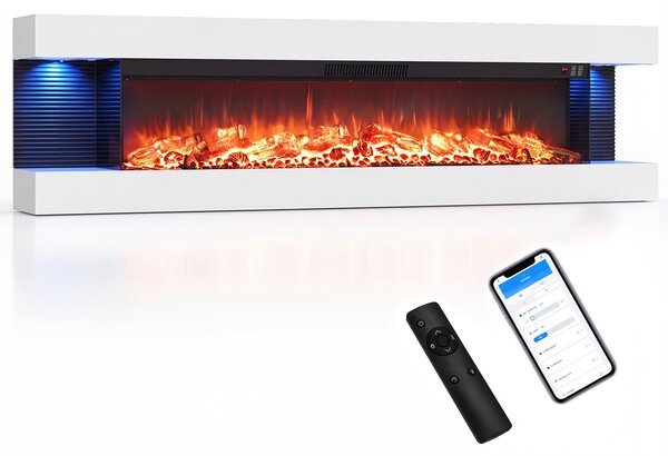 Costway Camino elettrico da parete/terra su 3 lati con 12 colori di fiamma, Caminetto decorativo da parete con luci led e timer 1-8h 152,5 x 20,5 x 42 cm Bianco