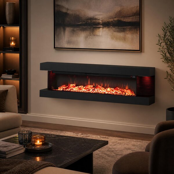 Costway Camino elettrico da parete/terra su 3 lati con 12 colori di fiamma, Caminetto decorativo da parete con luci led e timer 1-8h 152,5 x 20,5 x 42 cm