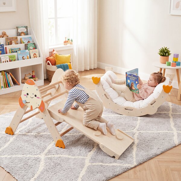 Costway Set da arrampicata per bambini 8 in 1 con cuscino per bambini 1+ anni, Giocattoli montessori da arrampicata in legno Naturale